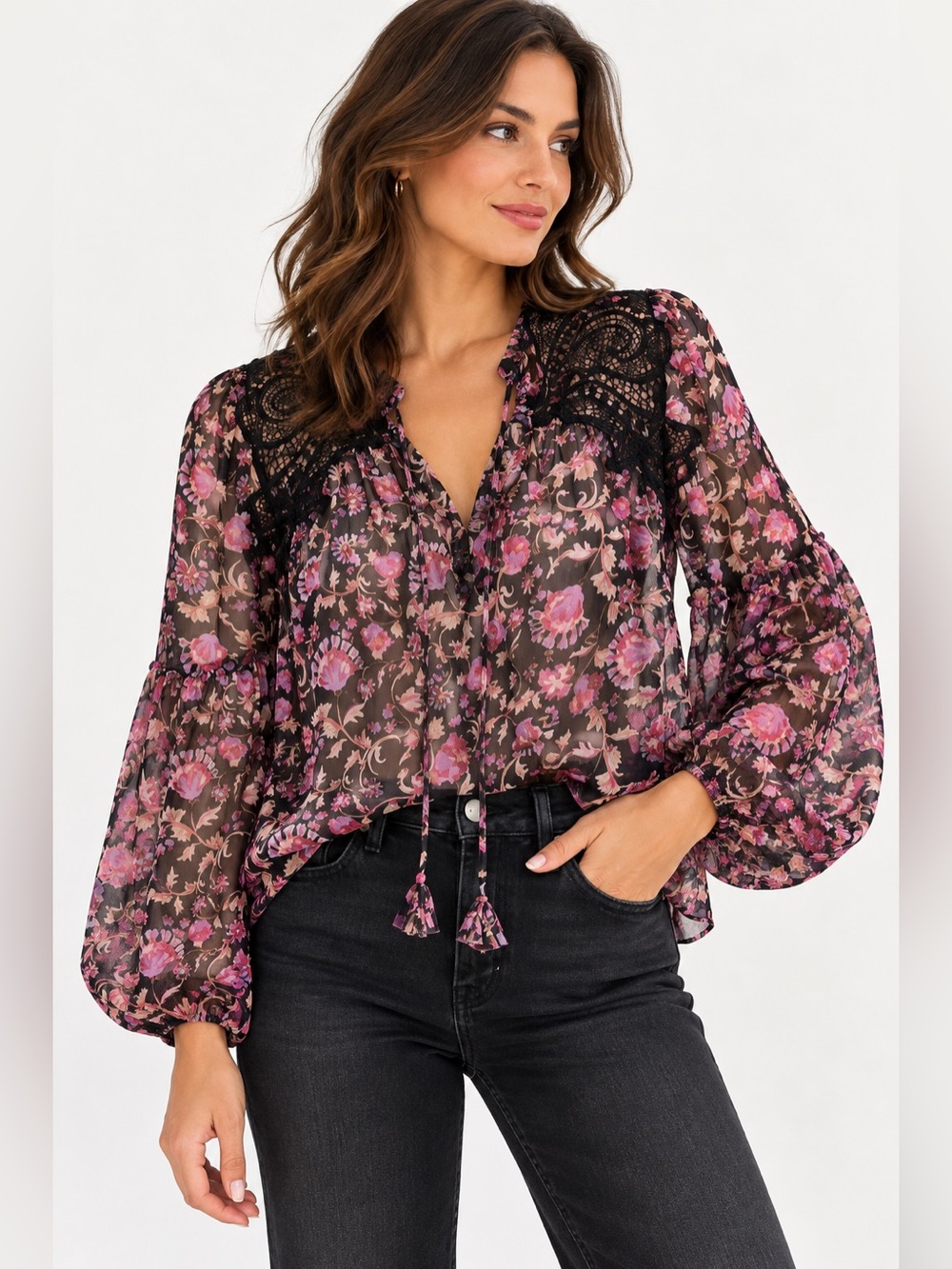 MISA Los Angeles Rosie Rosetta Floral Chiffon Lace Blouse Pink XS NWT